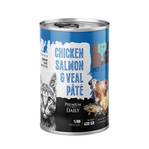 دی پی اس کنسرو پته پریمیوم مرغ و سالمون و گوساله گربه 400 گرم